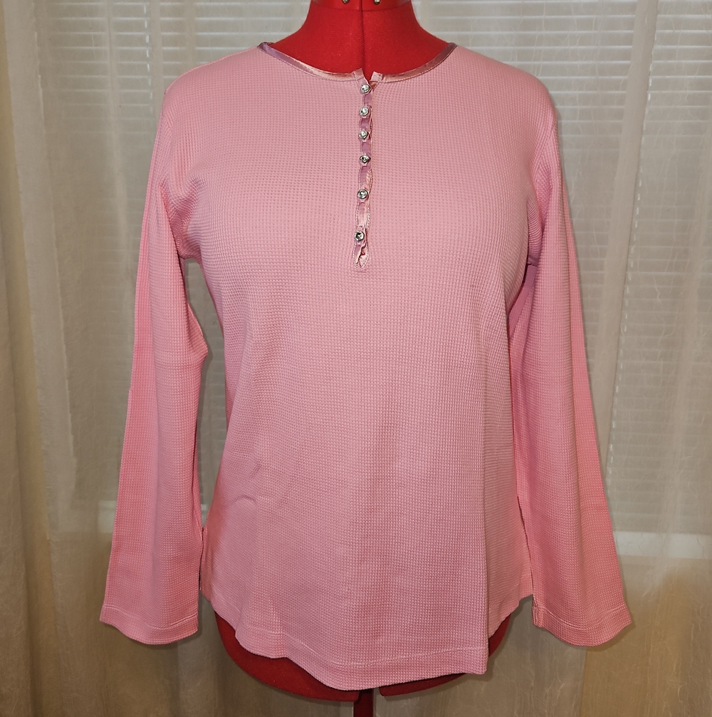Quacker Factory Pink Henley Waffle Long Sleeve Top